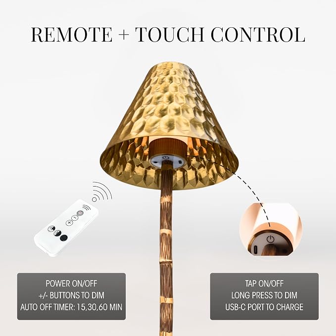 Bamboo Cordless LED Table Lamp – Rechargeable 24-Hour Battery, Dimmable Warm Light, 15" Portable Wireless Lamp with Remote for Indoor/Outdoor Use, Home, Patio, Restaurant – Textured Gold