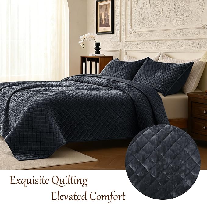 3-Piece Velvet Quilt Set California King Size 106"x118" Bed Blanket Quilted Bedspread Soft Luxury Bedding with 2 Pillow Shams 20''x36'' for All-Season,Blue-Gray