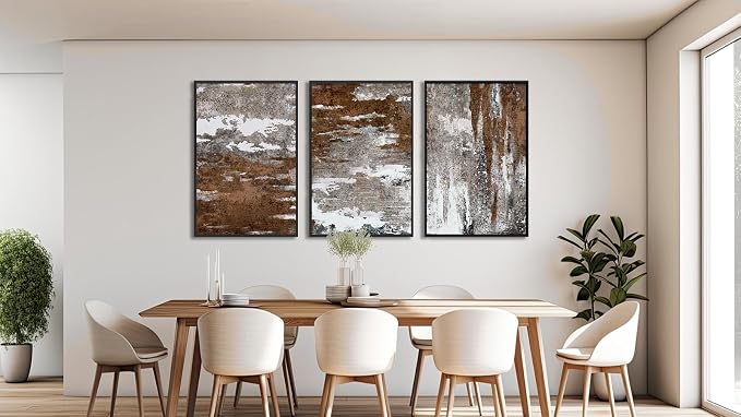 Large Framed Canvas Wall Art - Rustic Brown and White Abstract Pictures for Living Room Aesthetic Vintage Wall Decor Retro Prints for Bedroom Dinning Room Black Float Framed 16" X 24" X 3 pcs