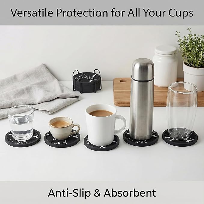 Absorbent Coasters for Drinks with Holder - 6packs, Silicone Coaster with Soft Felt Insert (4.5 inch Holder, Marble Pattern)