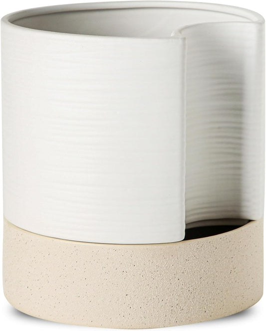 Nihow Self Watering Plant Pot: 8 Inch Ceramic Planter with Drainage Hole & Water Storage Plus for Indoor & Outdoor Plants - Cylinder Round Flower Pot for Succulent/Herbs/Violets - White & Brown