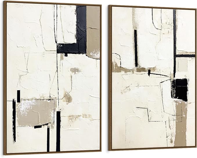 SAFERRYHOME Neutral Abstract Hand Painted Wall Art Textured, 24"x36"x2 | Large Black and Brown Framed Wall Decor, Modern Minimalist Painting Geometric Texture Artwork for Home Office Living Room