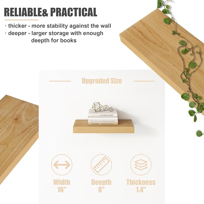 Floating Shelves for Wall, USA-Sourced Brich Wood 16 Inch Wall Shelves Set of 2, Natural Wooden Mounted Picture Ledge Shelf, Nursery Book Storage Shelf Kids Bookshelf Display, Shelf for Bathroom
