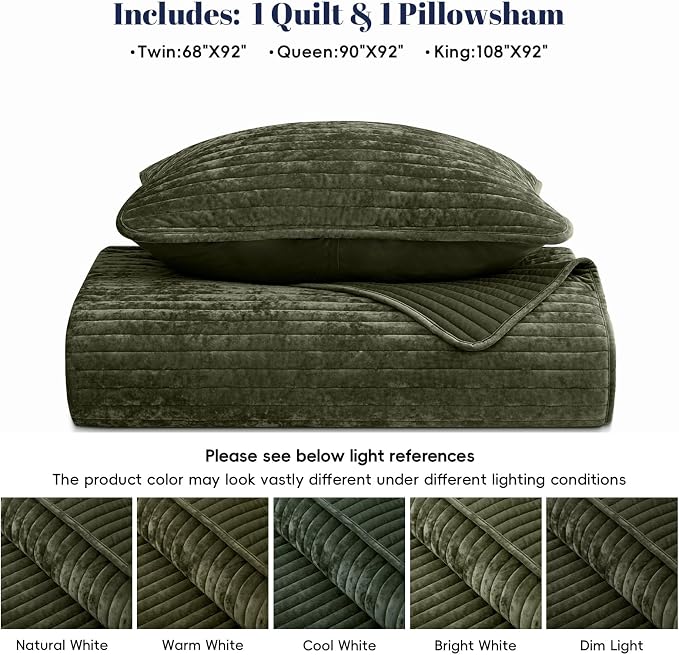 PHF Luxury Velvet Quilt Set Twin Size – 2PCS Ultra Soft Quilted Comforter Alternative with Striped Channel, Cozy Quilted Bedspread, 1 Coverlet with 1 Matching Sham, 68" x 92", Smokey Olive
