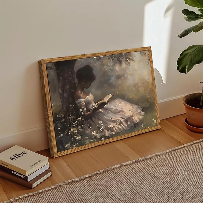 Framed Vintage Wall Art, Moody Black Girl Reading Book Pictures Wall Decor, Victorian Woman African American Paintings Canvas Prints Aesthetic Artwork for Home Living Room Bedroom 12x16 inch