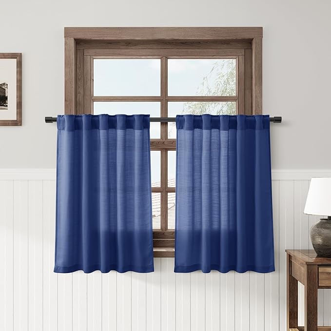 Classic Blue Linen Cafe Kitchen Curtains 30 Inch Length Linen Blend Semi Sheer Light Filtering Short Curtain Back Tab Rod Pocket for Over Sink Window Scandinavian Bathroom Laundry 2 Panels 36Wx30L