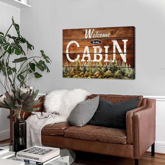 Cabin Wall Art Rustic Farmhouse Forest Wall Decor for Living Room Vintage Brown Wooden Grain Background Prints Welcome to our Cabin Picture Modern Artwork Bedroom Living Room Home Decorations 24x36"