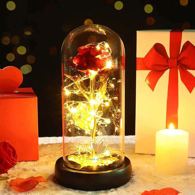 Mothers Day Rose Gifts for Mom, Birthday Gifts for Women, Flower Galaxy Glass Rose with 2 Light Modes Forever Eternal Colorful Gold Foil Rose in Glass Dome,Anniversary Valentines Women Gifts