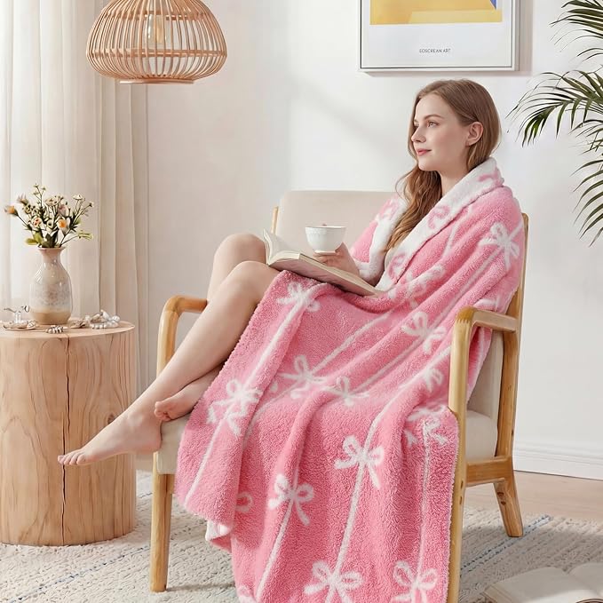 WRENSONGE Soft Throw Blanket for Couch-Cozy Reversible Knitted Blankets | Lightweight Warm Fluffy Decor for Women, Mom, Her & Girls, Sofa, Chair, Bed, 50x60in, Pink Bow