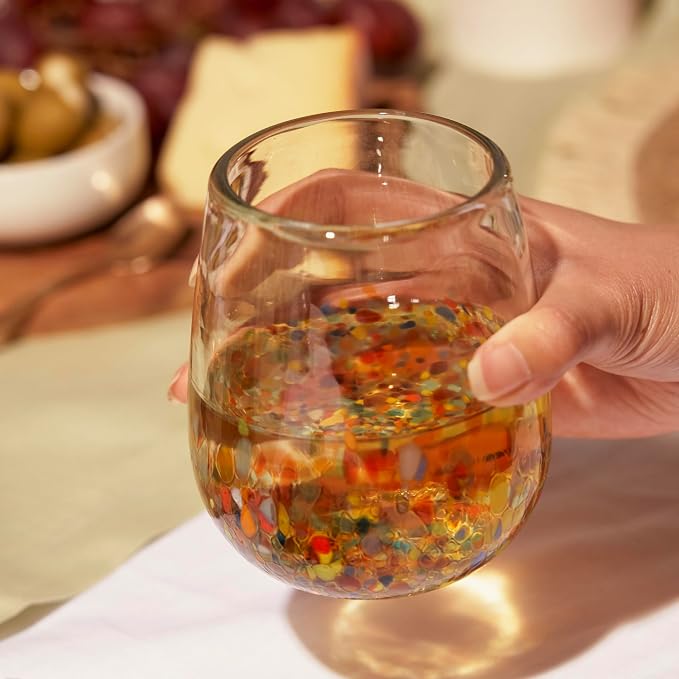 Segunda Vida Artistico Hand Blown Stemless Wine Glasses, Recycled Drinking Glasses with Rainbow Speckled Pattern, Mexican Glassware for Wedding Gifts, Housewarming, Cocktail Party, 13 oz Set of 2