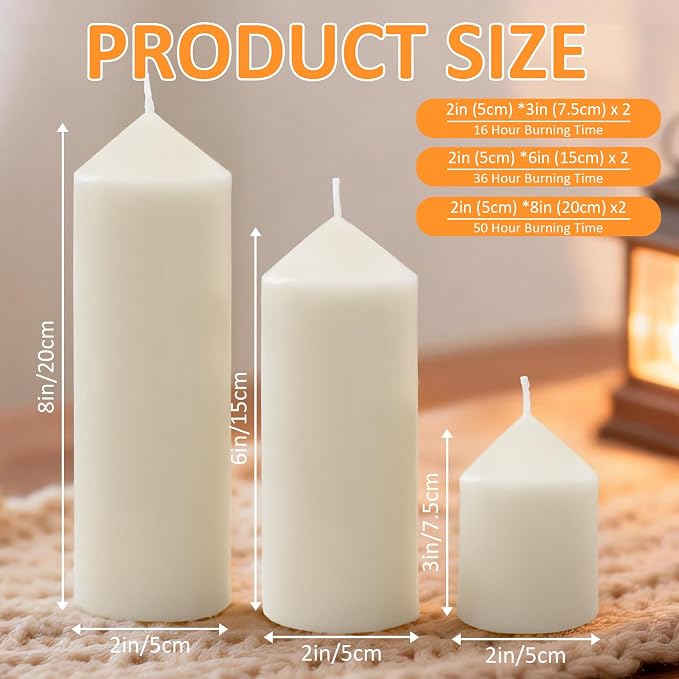 6 Pcs White Pillar Candles Bulk Set, 3 Different Lengths 2 x 3/6/8 Inch (2 Each), Dripless Unscented Smokeless,Hurricane Candles,Gives You a Better Atmosphere When Organizing an Event Party.