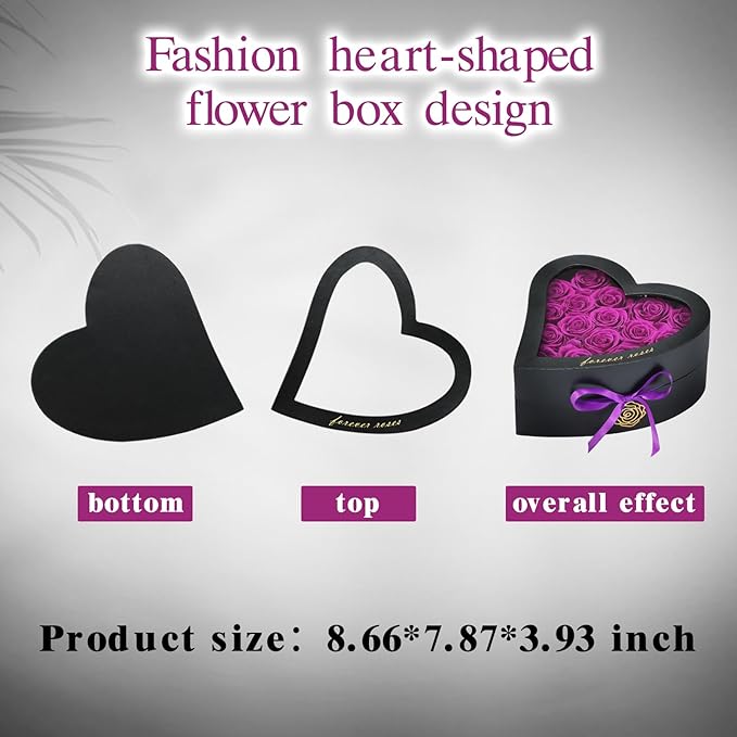 HERBMOTG 16 Forever Real Roses in Heart-Shaped Box with a Curved Design, Grade A Quality-Preserved Roses for Birthday, Mothers Day & Valentines Day (Purple)