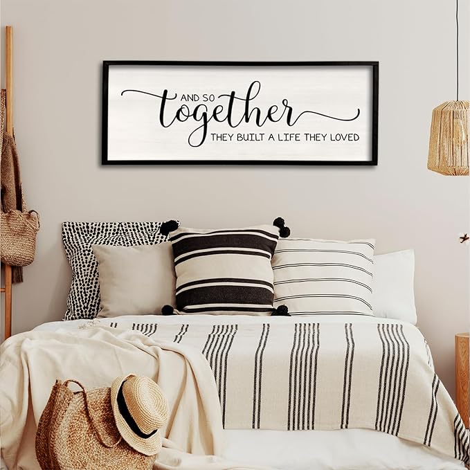 Surfapans And So Together They Built A Life They Loved Wall Decor 40”X15” Large Framed Farmhouse Wood Sign for Bedroom Above Bed Living Room Over Bed Wall Art Modern Hanging Decoration (Black)