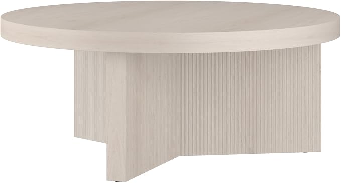 Henn&Hart 36" Fluted Round Low-Profile Coffee Table with Ribbed Pedestal Base for Living Room, Family Room, or Office, Beech White