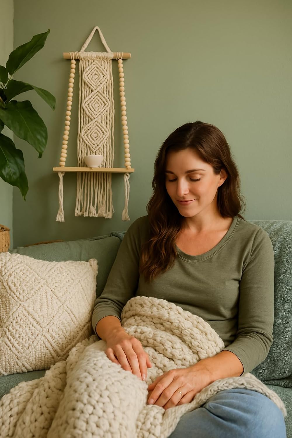 Wooden Macrame Wall Hanging w/Shelf & Sturdy Beaded Rope - Handmade Modern Living Room Decor - Macrame Wall Decor to Securely Hold Plants & More - Beautiful Boho Decorations for Interior Design