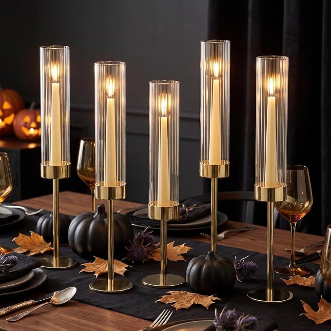 Gold Hurricane Taper Candle Holders,2 Sets(6 Pcs) Brass Tall Candlestick Holders with Ribbed Glass Cylinder, Table Centerpiece Decor for Wedding, Party, Halloween,Christmas & Home Decoration