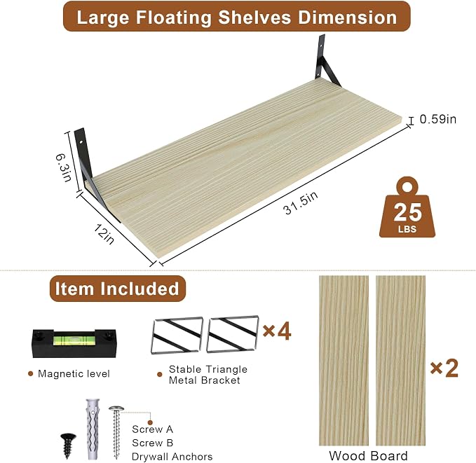 Large Wall Shelves, 31.5" W x 12" D Long Floating Shelves Set of 2, Wide Display Wood Shelf Wall Mounted with Heavy-Duty Metal Brackets for Bedroom Books, Living Room, Kitchen, Natural Wood
