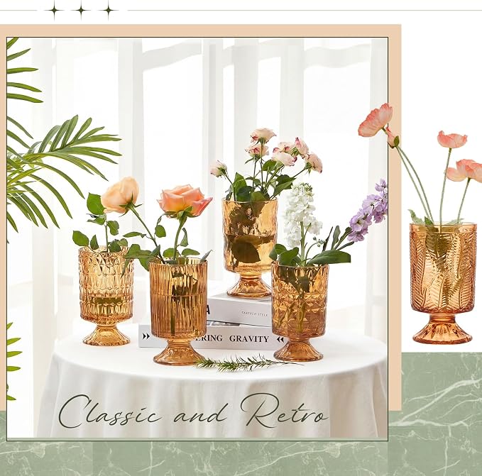 9 Pcs (H: 7" W: 4") Embossed Flower Vase Pedestal Glass Vase Big Base Thickened Crystal Vintage Vases for Wedding Party Home Decor Table Centerpiece House Warming Gifts (Amber,Stylish)