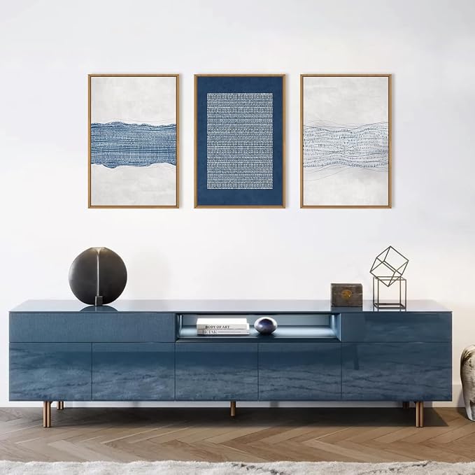 Large Abstract Navy Blue and White Framed Canvas Wall Art Set,Modern Neutral Geometric Waves Lines Dots Wall Decor,Mid Century Minimalist Boho Artwork for Living Room,Bedroom,Office- 16"x24"x3