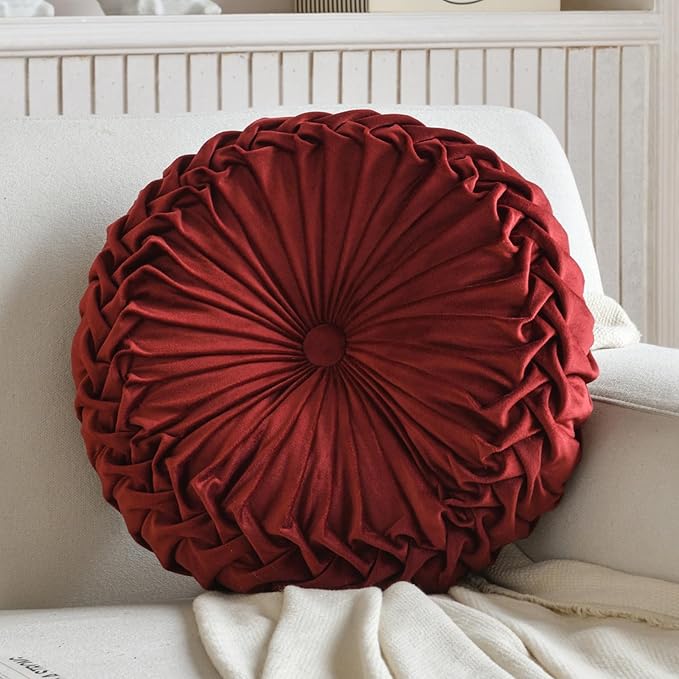 Teieas 2 Pcs Round Throw Pillows Decorative Pumpkin Velvet Boho Pleated Bed Pillows Back Support for Couch Chair Dorm Car 14.96'' (Burgundy)