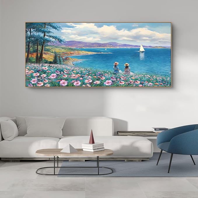 XLSJERST Framed Wall Art for Living Room - Extra Large 70x31 Inches Rustic style Seascape Canvas Picture Pink Flower Tree Sailboat Mountain Wall Decor for Bedroom Office Home Decoration