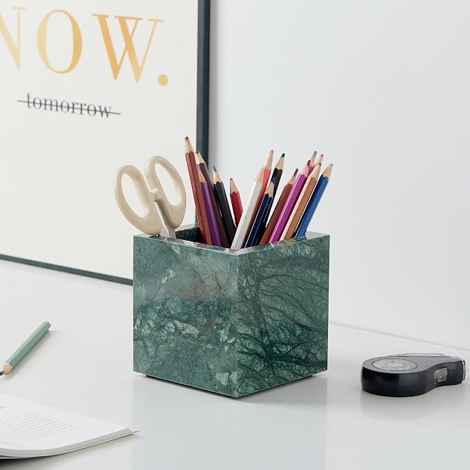 Real Luxurious Natural Marble Toothbrush Holder & Makeup Brush Organizer & Pen Holder for Desk,3.93inch Square Marble Utensil Holder Non-Ceramic/Non-Resin （Green）