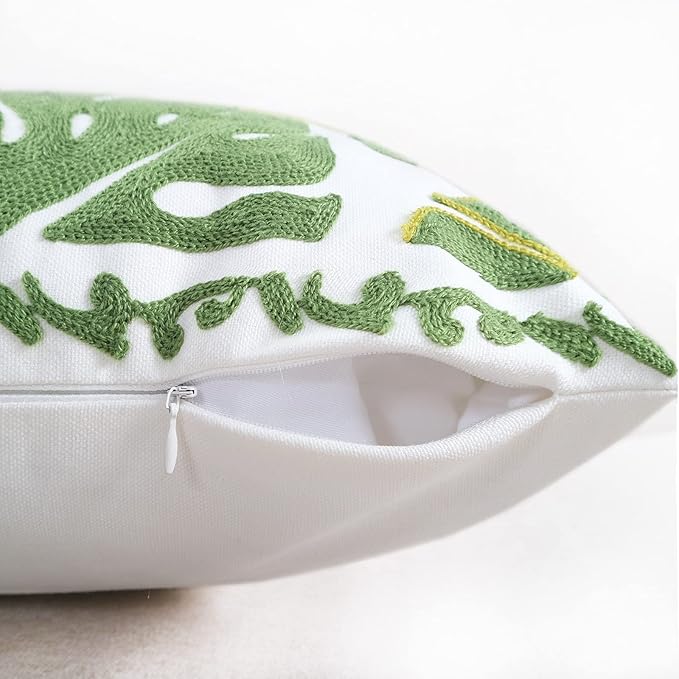 Embroidery Throw Pillow Cover 18x18 Tropical Leaves Home Decor Monstera Leaf Embroidered Green Floor Pillow Cover for Couch Sofa Chair 100% Cotton Cushion Cover Pillow Case 45x45cm, 1 Piece
