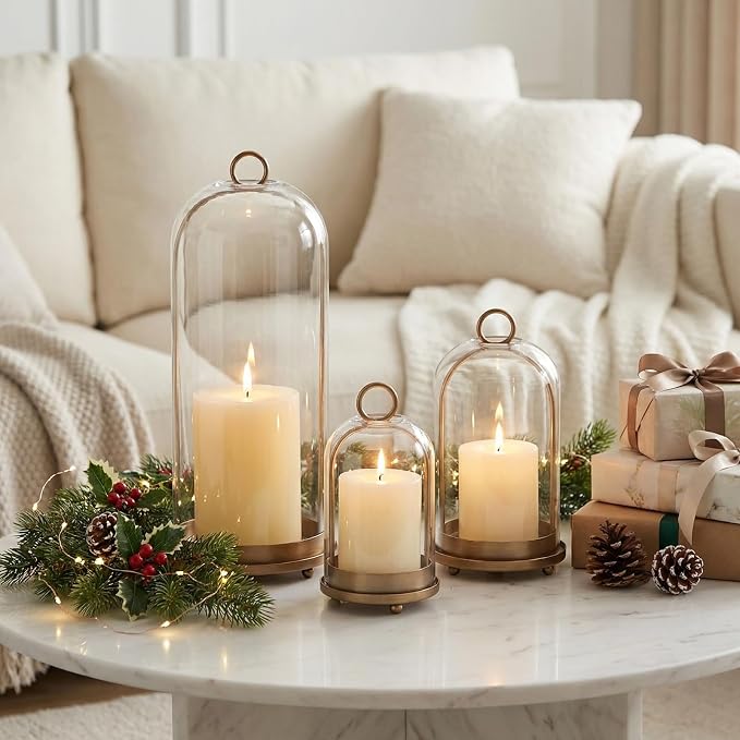 15"&9"&7" Hurricane Glass Candle Holders Set of 3, Metal Candle Holder with Handmade Glass Dome in Brass, Hanging Versatile Hurricane Glass Candle Holders for Pillar Candles (Candles Not Including)