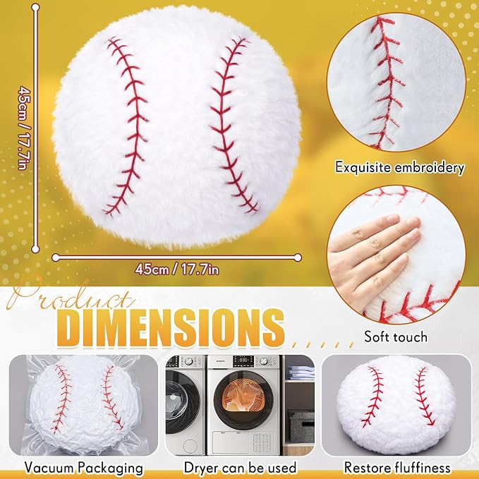 Juexica 18 Inch Baseball Pillow for Boys Room, Soft Plush Baseball Decorative Pillow, Sports Theme Bedroom Decor for Kids Playroom Sofa Bed