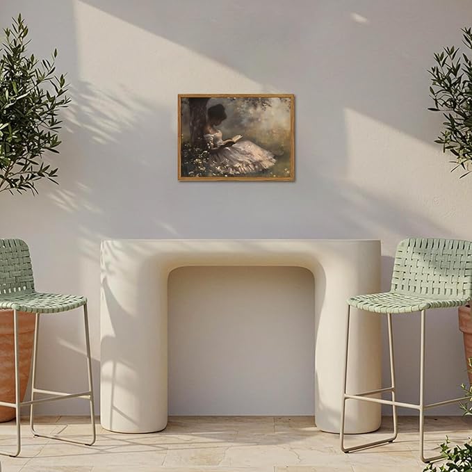 Framed Vintage Wall Art, Moody Black Girl Reading Book Pictures Wall Decor, Victorian Woman African American Paintings Canvas Prints Aesthetic Artwork for Home Living Room Bedroom 16x24 inch