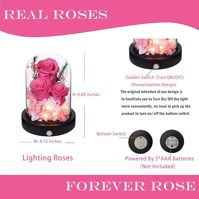 Forever Flowers Gifts for Women,Preserved Roses in Glass Dome, Eternal Flowers for Delivery Prime, Real Pink Roses,Anniversary Birthday Valentines Day Gifts for Wife Her