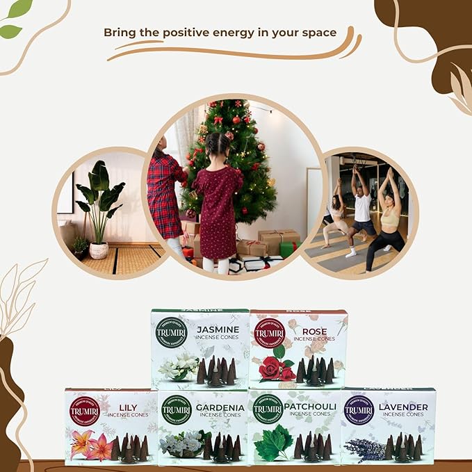 Trumiri Floral Incense Cones - Variety Pack - Total 60 Cone Incense (6 Scents x 10 Conos) - Rose, Lavender, Jasmin, Patchouli, Gardenia, Lily - Cone Incense Scents - Insense Cones - Incent Cone