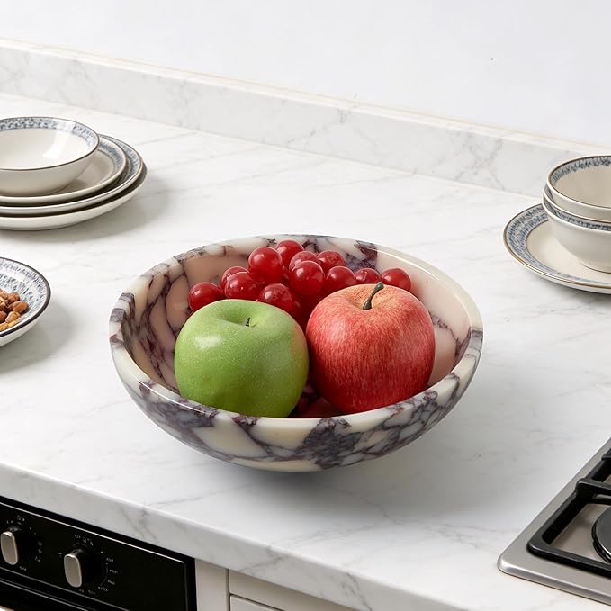 Luxury Natural Marble Fruit Bowl – Extra Large 9-Inch Calacatta Viola Marble for Kitchen Counter Fruit Serving Holder, Decorative Snack Dish for Coffee Table, Centerpiece Tray for Home Decor