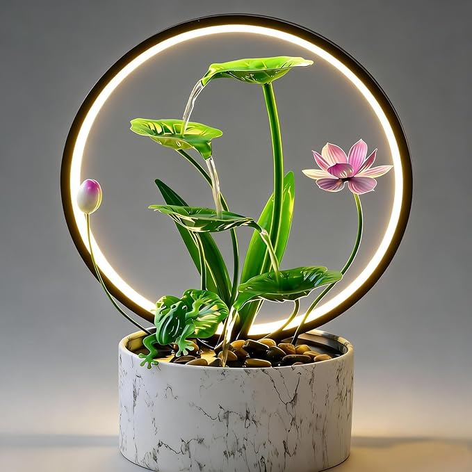 Qingyinge 15‘’H Green Small Water Fountain Indoor, Metal LED Light Relaxation Tabletop Fountain, for Meditation Yoga Spa Room Decor.