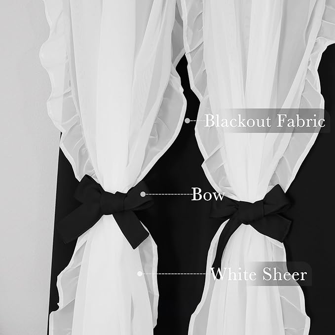 PONY DANCE Girls Curtains for Bedroom Decorative Drapes for Kids Double Layer Curtain Ruffle Sheer Overlay Room Darkening Pretty Chic Princess, 52x84 inch, Black, 2 PCs