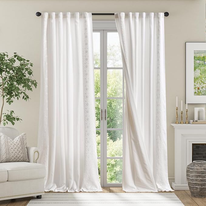 jinchan Weslie White Linen Curtains for Living Room Vintage Floral Farmhouse Curtains 108 Inches Long Boho Lined Linen Drapes for Bedroom Embroidered Extra Long Drapes Off White 2 Panels