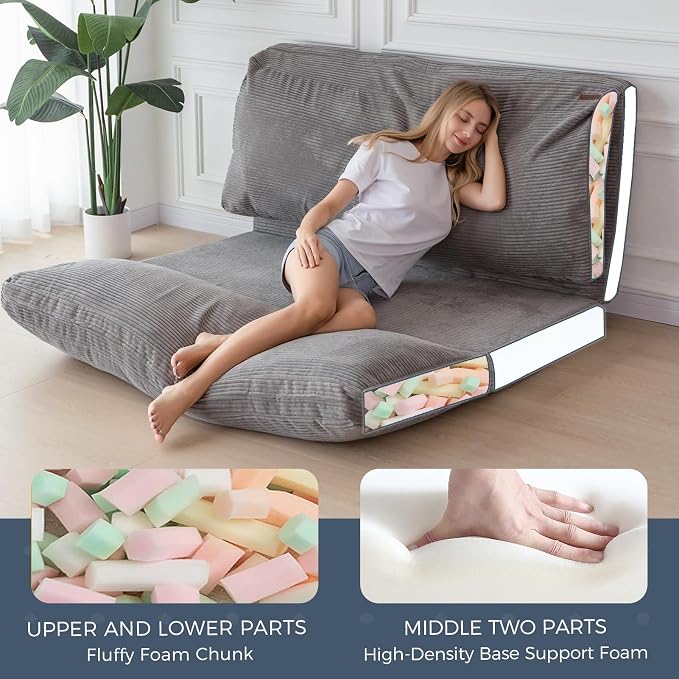 MAXYOYO Folding Sofa Bed, Extra Thick and Long Floor Sofa Convertible Chair with Washable Cover, Floor Couch Lounge Bean Bag Bed for Living Room, Grey, 54x91 Inch
