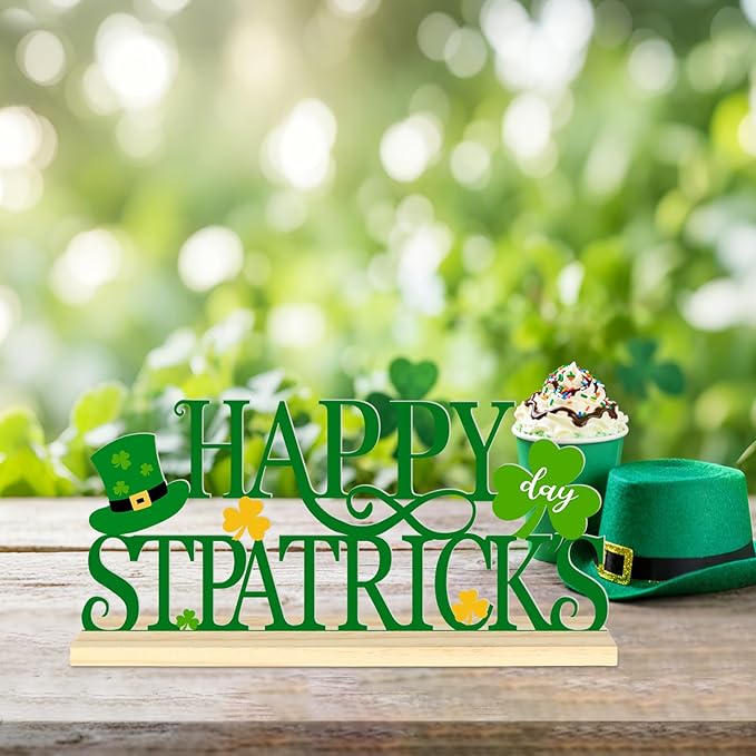 Metal Happy St. Patrick’s Day Table Sign, St. Patrick’s Day Tabletop Decoration with Wood Base, Green Shamrock Holiday Centerpiece Sign Decor for Home, Office, Shelf, Mantel Party Supplies（Patrick.A）