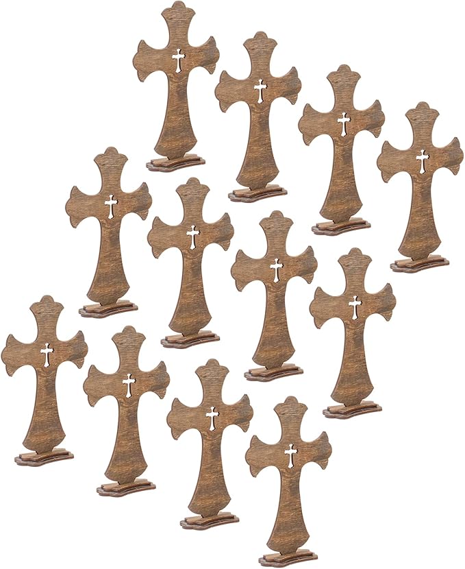 12 Inch 12 Pack Brown Wood Crosses Torched Wooden Tabletop Cross Rustic Standing Cross for Baptism Centerpieces Home Church Decor Prayer Gifts