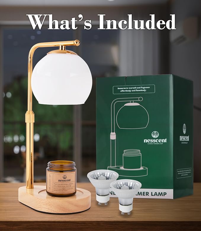 White Glass Candle Warmer Lamp Adjustable Height with Timer 2 4 8H | Warm Gold Hardware | Natural Wood Base | Dimmer Wax Melt Warmer Includes Candle and Bulbs