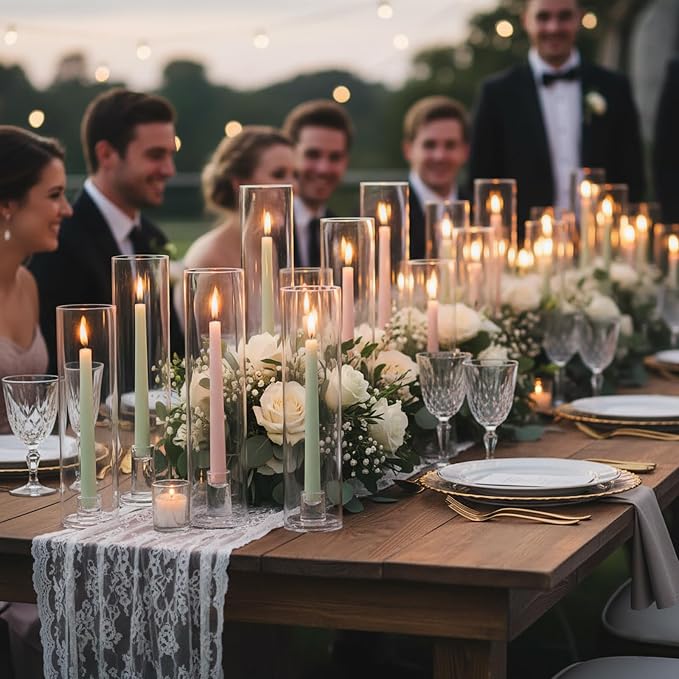 NITIME 12 Set Hurricane Glass Candle Holders for Taper Candles, Set of 3 Assorted Heights Windproof Glass Tubes (11.8/12.6/13.8") & Bases, Candlestick Holders for Wedding Table Decor, Party, Events