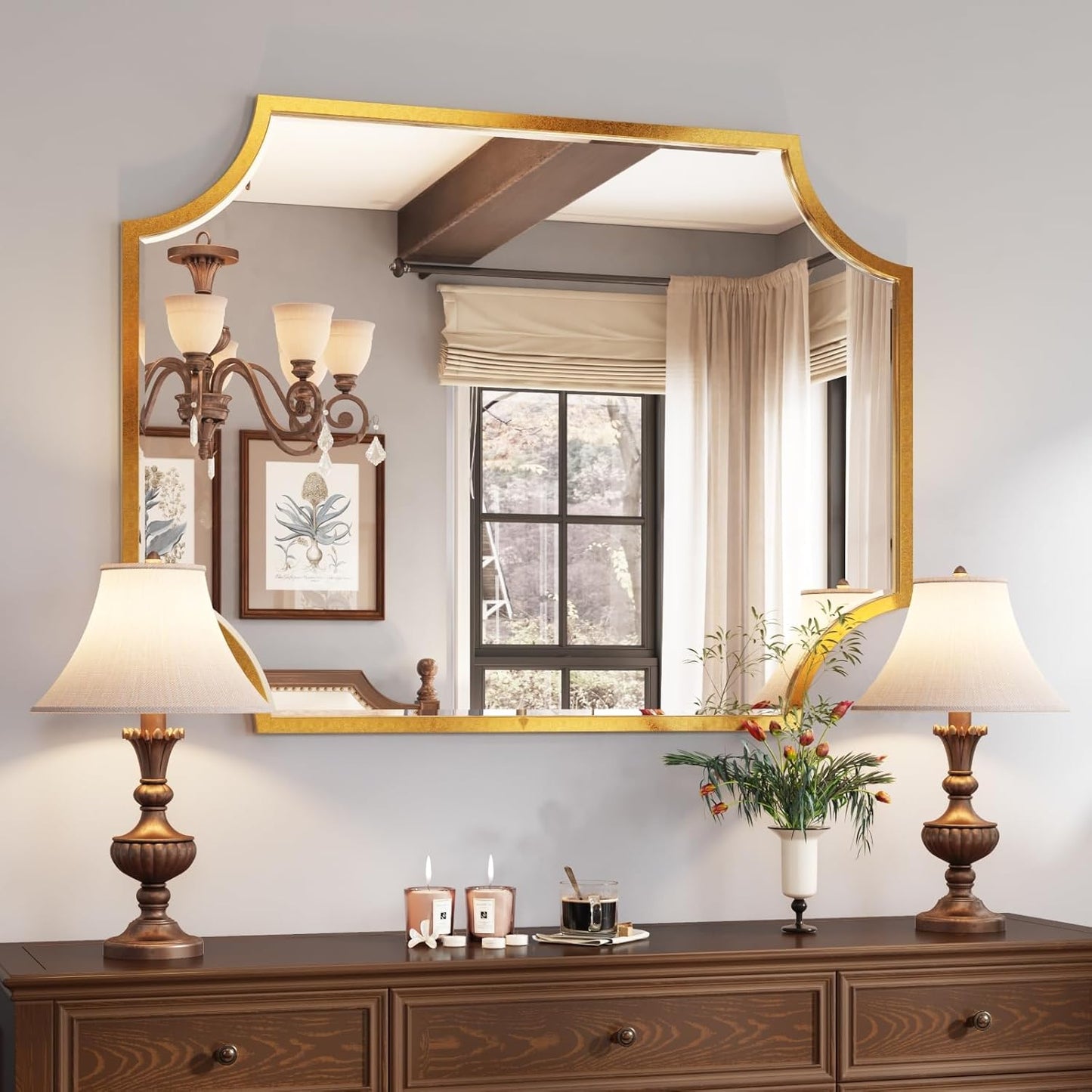 Kelly Miller 30"x40" Large Gold Bathroom Mirror for Wall, Gold Scalloped Vanity Mirror Bevelled Framed Decorative Mirror for Master Bath Half Bath Entrance Hallway Bedroom Living Room Fireplace Mantle