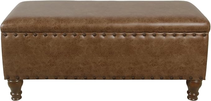 HomePop Large Storage Bench with Nailhead Trim - Distressed Brown Faux Leather