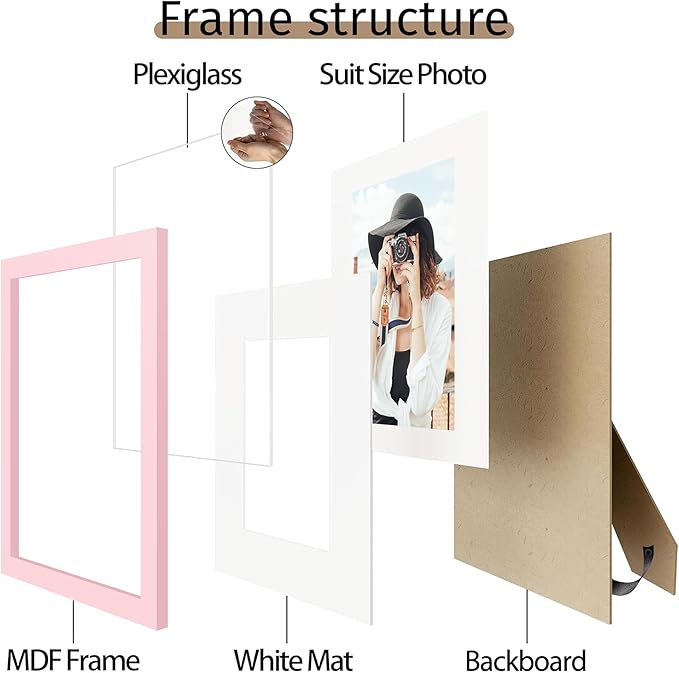 Picrit 8x8 Picture Frame Set of 12, Display 5x5 with Mat or 8 x 8 without Mat, Photo Frames for Wall Mounting or Table Top Display, Pink