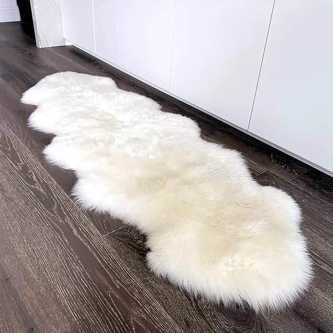HUAHOO Premium Genuine Sheepskin Rug Real Australia Sheepskin Natural Luxury Fluffy Lambskin Fur Area Rug Seat Covers for Kids Bedroom Sofa Chair Cover Pets Dogs Mat Double Pelt/2' x 6' White/Ivory