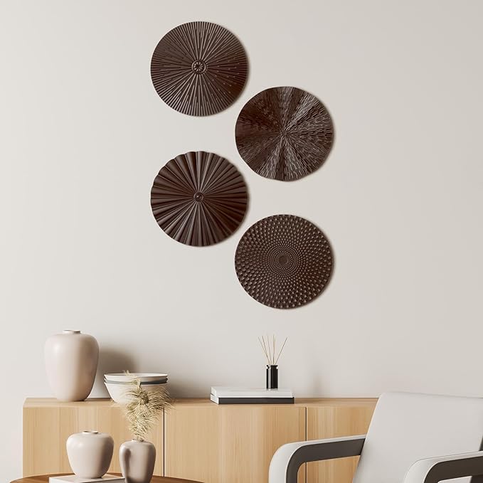 Hicarer 4 Pcs 12 Inch Metal Wall Art Decor Sunburst Hanging Metal Artwork Decor Wall Art Decorations for Home Living Room Office Gift for Christmas(Brown)