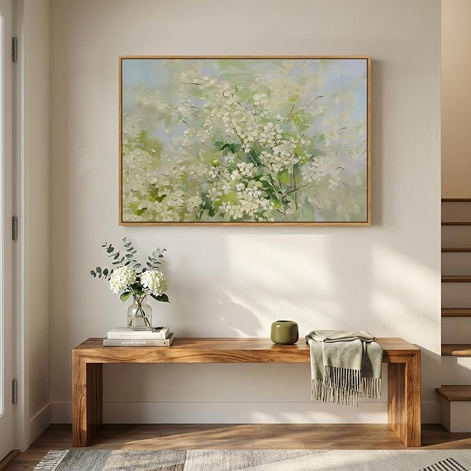 Framed Green Floral Wall Art, Nature Sage Green Vintage Botanical Canvas Painting Prints Artwork for Modern Farmhouse Works, Rustic Cottage Core Abstract Flower for Living Room Bedroom Wall Decor