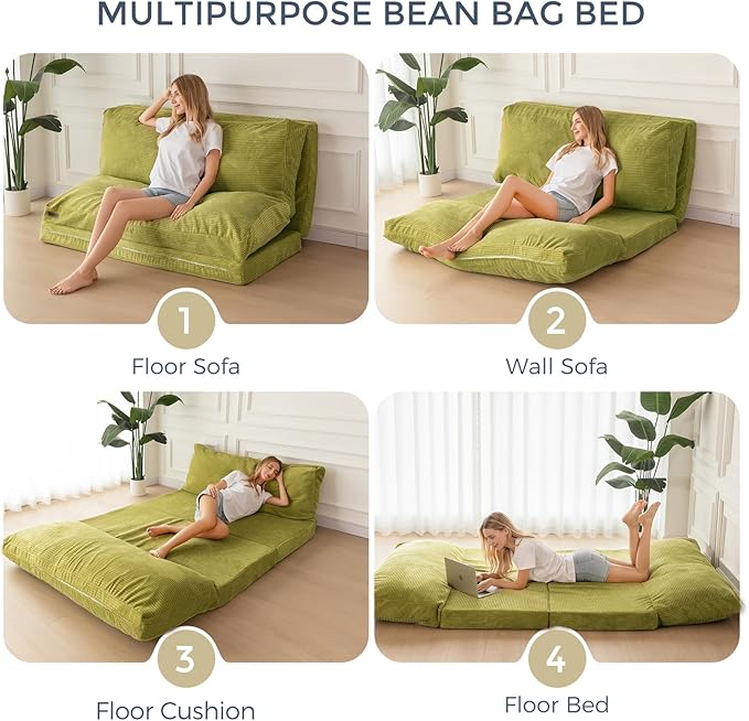 MAXYOYO Folding Sofa Bed, Extra Thick and Long Floor Sofa Convertible Chair with Washable Cover, Floor Couch Lounge Bean Bag Bed for Living Room, Green, 54x91 Inch