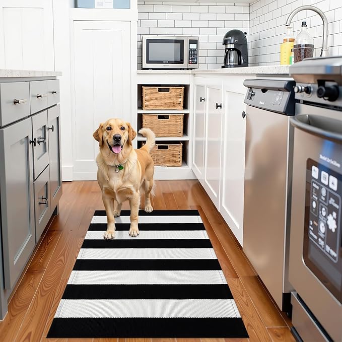 OLANLY Black and White Striped Rug 2' x 3' (24" x 36") – Washable Cotton Indoor Outdoor Doormat for Front Door, Entryway, Kitchen, Porch, Patio Decor