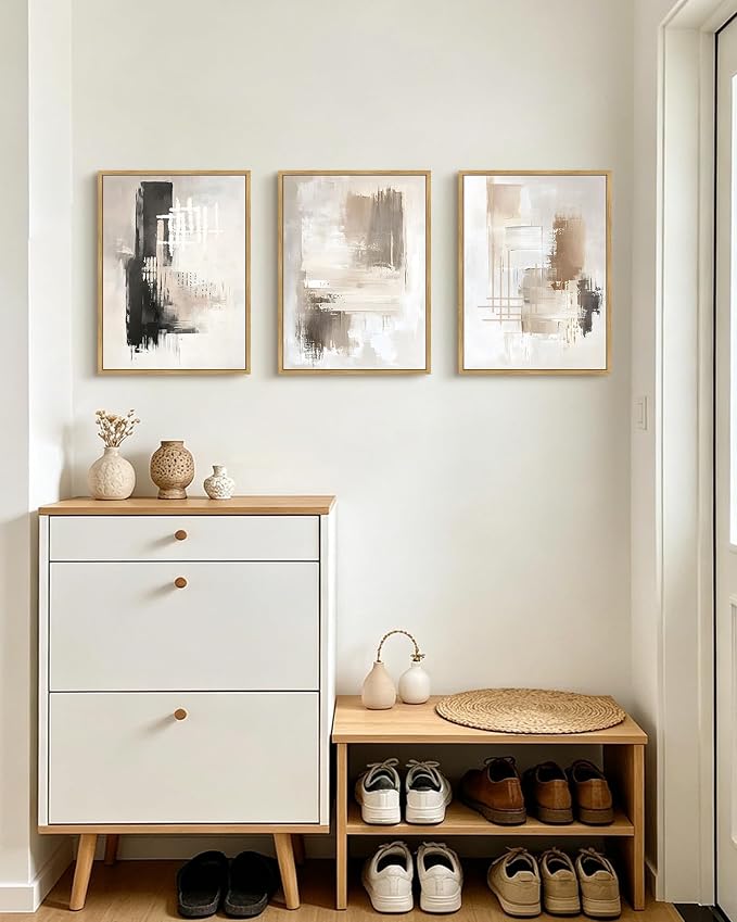 PHOPAGO Abstract Framed Wall Art Mid Century Modern Minimalist Beige Pastel Watercolor Neutral Wall Decor for Living Room Bedroom - 12x16in Natural Framed